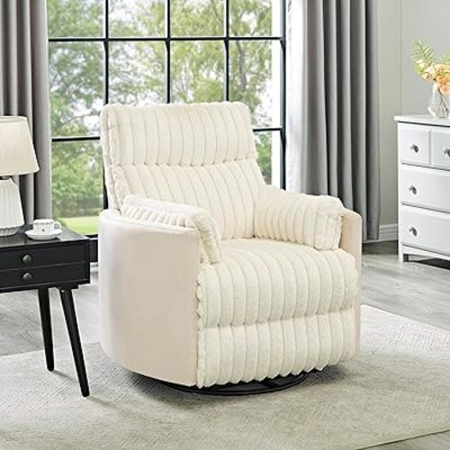 Swivel Recliner Chairs - Manual Recliner Chair with 360 Degree Rotation & Wide Wale Corduroy Design, Swivel Reclining Chair with Curved & Pillow-Top Arms, Corduroy Wide Recliner for Office (White)
