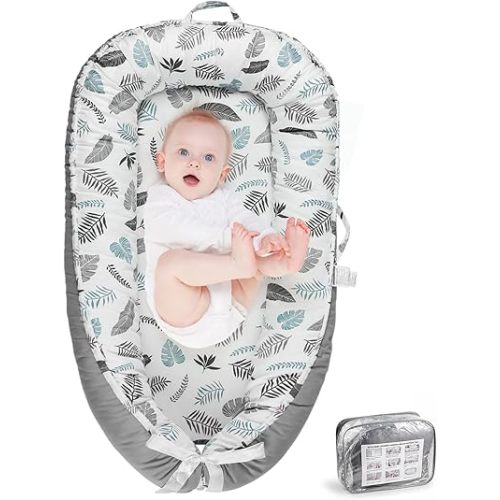 Baby Lounger- Baby Lounger for Newborn 0-24 Months, Portable Infant Lounger, Co Sleeping Soft Baby Nest Lounger, 100% Cotton Breathable, Baby Floor Seat for Home & Travel - Grey Leaves