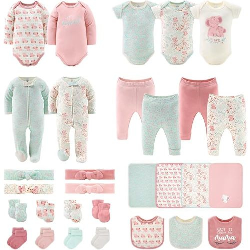 The Peanutshell Newborn Clothes & Accessories Set, Baby Layette Gift Set, 0-3 Month Outfits, 30 Pieces - Floral Elephant