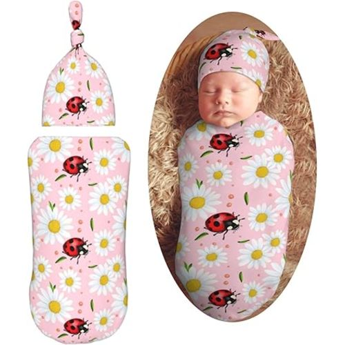 Cartoons Ladybug and Daisy Newborn Swaddle Blankets Hat Sets Soft Baby Receiving Blanket Swaddle Sack for Baby Shower Infant Boy Girl Gift