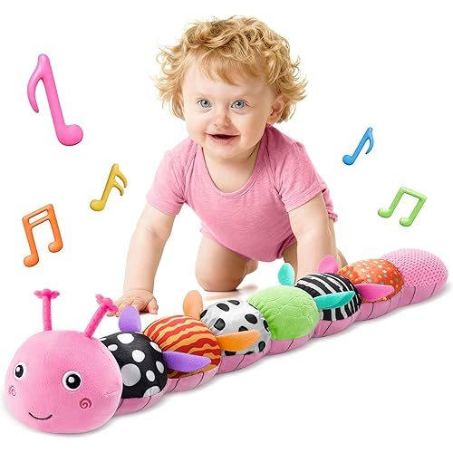 HEMRLY Baby Gifts Toys, Sensory Toy 0-6 Months, Musical Stuffed Caterpillar Plush with Soft Teether, Rattle for Tummy Time, Infant Car Seat Toy for 0-3-6-12 Month Boys Girls Gifts - Spotted Pink