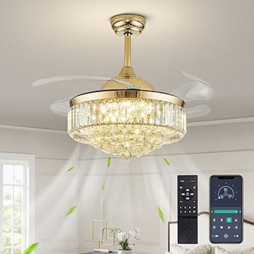 CROSSIO Modern Crystal Ceiling Fan with Lights Gold Retractable Ceiling Fan Dimmable LED Ceiling Fan Light 42" Invisible Fandelier for Bedroom Living Room