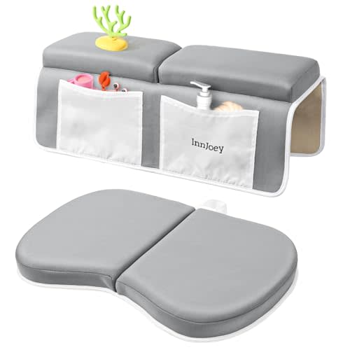 Bath Kneeler and Elbow Rest Pad Set, 1.6'' Extra Thick Bath Support for Knees and Elbows, Memory Foam Bath Mat with Toy Organizer Pockets, Quick-Dry Kneeling Pad for Bathing Baby Grey