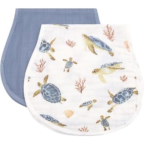 LifeTree Muslin Baby Burp Cloths - 2 Pack 70% Viscose from Bamboo and 30% Cotton Large 22'' by 10'' Absorbent Milk Spit Up Rags - Burping Cloths for Newborn, Girls Boys, Sea Turtle & Solid Blue