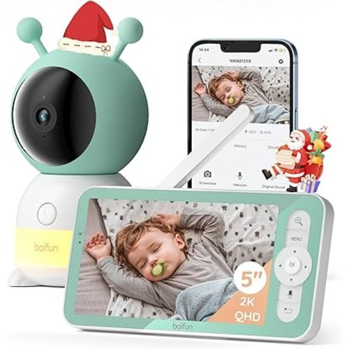 BOIFUN 2K 5" Video Baby Monitor WiFi, 360 View Baby Camera with Night Light, Via Smartphone App and Screen Control, AI Motion & Sound Detection, Auto Tracking, Two-Way Talk,3000mAh Battery