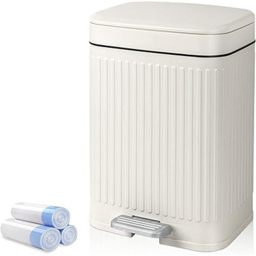 rejomiik Small Bathroom Trash Can with Lid 2.1 Gallon Soft Close Step Slim Garbage Can Waste Bin for Office, Bedroom, Kitchen, Cream