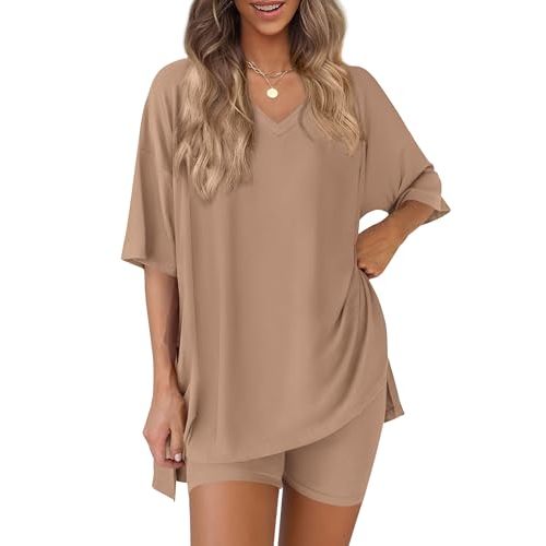 PRETTYGARDEN 2 Piece Sets for Women Summer 2026 Lounge Short Set Spring Matching Biker Shorts V Neck Oversized Shirt Clothing