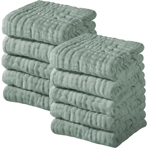 Yoofoss Muslin Baby Washcloths 100% Cotton Face Towels 10 Pack Wash Cloths for Baby 12x12in Soft and Absorbent Baby Wipes (Dark Green)