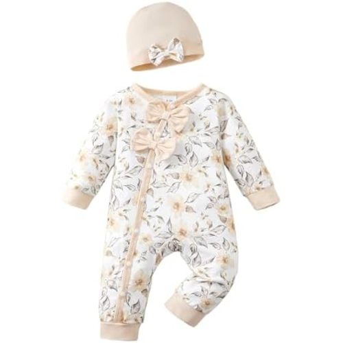 Mioglrie Newborn Baby Girl Clothes Long Sleeve Romper Infant Fall Winter Outfits Floral Hat Jumpsuit Preemie Girl Clothes