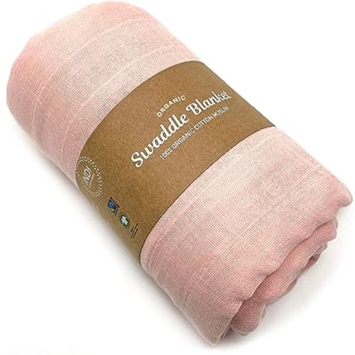 Kishu Baby Indi GOTS & Fairtrade Certified Organic Muslin Swaddle Blanket - 47 in x 47 in – Stonewashed for Extra Softness (Peach)