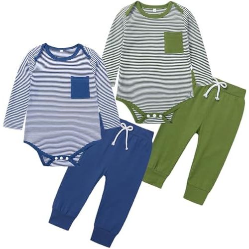 BeiVSlley 2 Sets Newborn Baby Boy Girl Clothes Infant Cotton Long-Sleeve Bodysuits Romper and Solid Pants Fall Winter Outfits