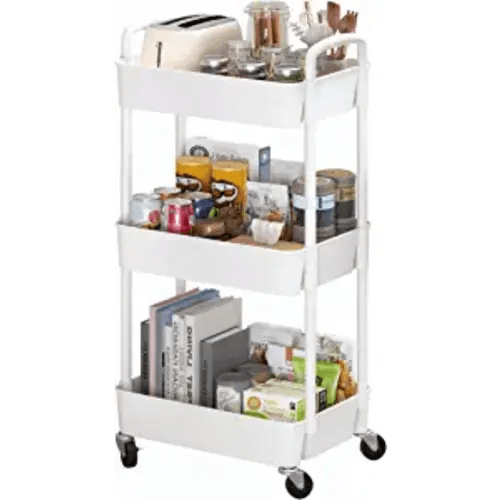 Sywhitta 3-Tier Plastic Rolling Utility Cart with Handle, Multi-Functional Storage Trolley for Office, Living Room, Kitchen, Movable Storage Organizer with Wheels, White