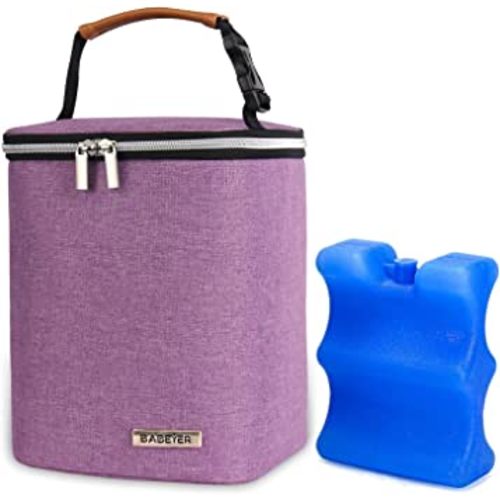 BABEYER Breast Milk Cooler Bag with Ice Pack Fits 4 Baby Bottles Up to 9 Ounce, Baby Bottle Bag Great for Nursing Mom Daycare, Purple