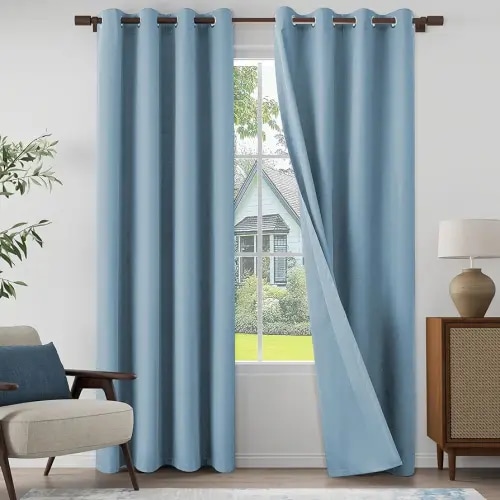100% Blackout Linen Textured Curtains for Living Room, Bedroom, Light Weight Curtains with Grommets Top, Full Blackout Curtains Privacy Protection, Light Blue, 52" W x 84" L, 2 Panels