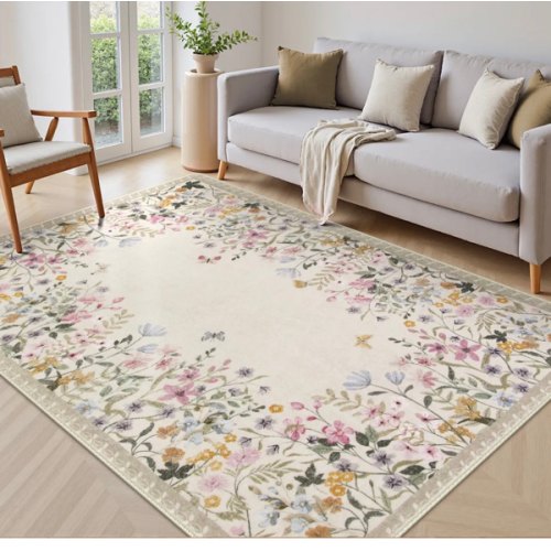 Solene Washable Modern Blooming Floral Garden Beige Rug