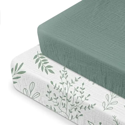 Muslin Mini Crib Sheets, 2 Pack for Baby Boy and Girl, Soft Breathable Stretchy Baby Pack N Play Mattress and Mini Cribs Sheet, Universal Fitted Portable/Mini Crib Mattresses (Natural Leaves)