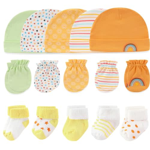 MAMIMAKA Newborn Baby Boy Girl Caps Mittens Socks Set Cotton Baby Essentials Accessories (Hats+Gloves+Socks)