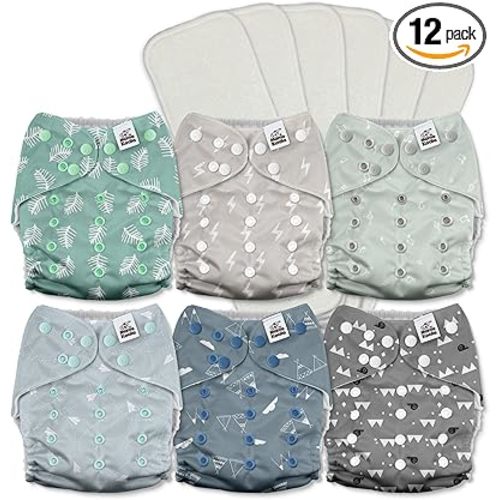 Mama Koala 3.0 Pocket Cloth Diapers for Babies with AWJ Lining, 6 Pack with 6 5-Layer Natural Cloth Diaper Inserts - Reusable and Washable Pocket Diapers(A-The Gray Sky)