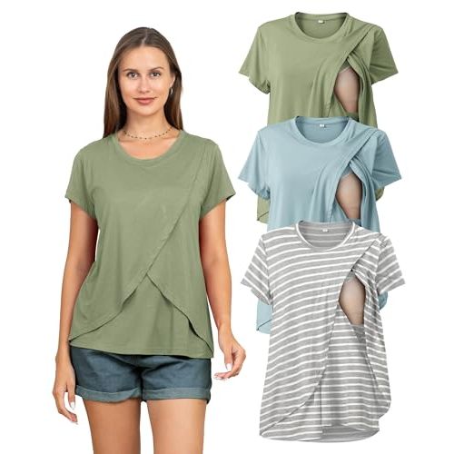 Rnxrbb 3 Pack Women's Nursing Tops for Breastfeeding Summer Short Sleeve T Shirts Postpartum Double Layer Clothes