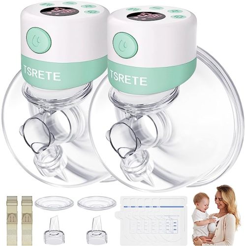 TSRETE Double Wearable Breast Pump, Electric Hands-Free Breast Pumps with 2 Modes, 9 Levels, LCD Display, Memory Function Rechargeable with Massage and Pumping Mode 24mm Flange-Green