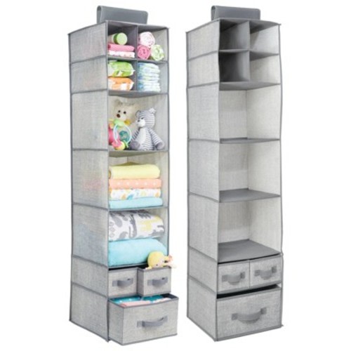 mDesign Fabric Nursery Hanging Organizer with 7 Shelves/3 Drawers, Color: Gray, Size: 11.8 x 11.8 x 50