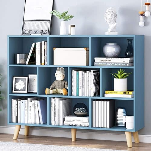 Wooden Bookcase - 3-Tier Footed Standing Display Cabinet Rack with Legs, 10 Cubes Bookshelf, Bright Blue