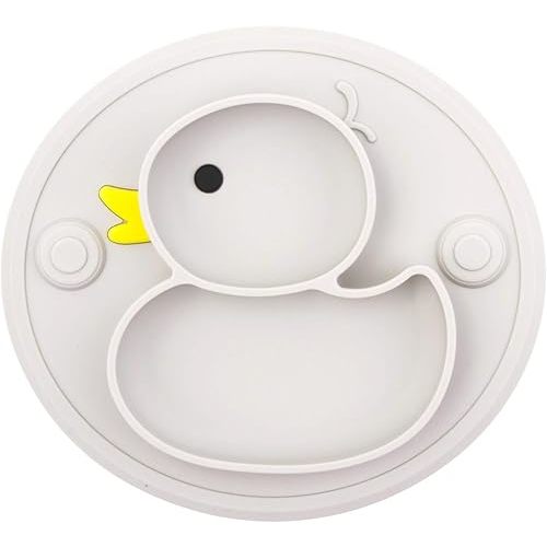 Baby Divided Plate Silicone- Portable Non Slip Child Feeding Plate with Suction Cup for Children Babies and Kids BPA Free Baby Dinner Plate Microwave Dishwasher Safe … (Duck-Gray)