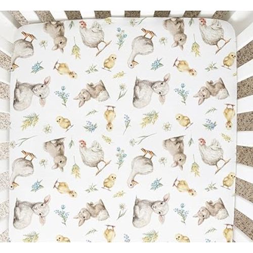 Watercolor Farm Animals Baby Crib Sheets for Boys and Girls Duck Lamb Chicken Hen Rooster Bunny Floral Leaves Ultra Soft Neutral Baby Sheet 52x28inch Fit All Standard Crib Mattress Pads