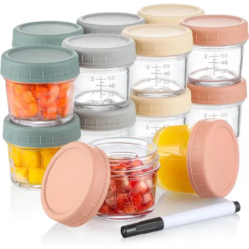 VITEVER 16 Pack Glass Baby Food Storage Containers, 4 oz Baby Food Jars with Plastic Lids, Small Baby Food Maker, Reusable Infant Freezer Container, Microwave, Dishwasher & Freezer Safe, BPA free