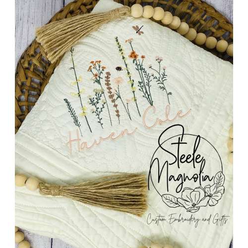 Wildflower Nursery Quilt Dragonfly Blanket Baby Heirloom Quilt Embroidered Flowers Baby Blanket Personalized Baby Blanket Baby Shower Gift
