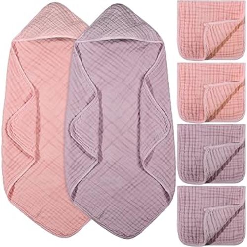 6 Pcs Baby Muslin Hooded Bath Towels and Washcloths, 32 x 32 Inch Muslin Cotton Hooded Baby Towels Absorbent Hooded Blankets for Gift Newborn Infant Shower (Pink,Rose)