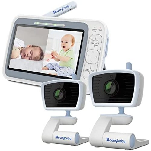 Moonybaby EMF Reduction Baby Monitor with 2 Cameras, QuadView 40, 20 Days Battery Life, 5" HD 720p, No WiFi, Split Screen, 1000ft Range, 2-Way Audio, Lullaby, Temperature Sensor,VOX/Voice Activation