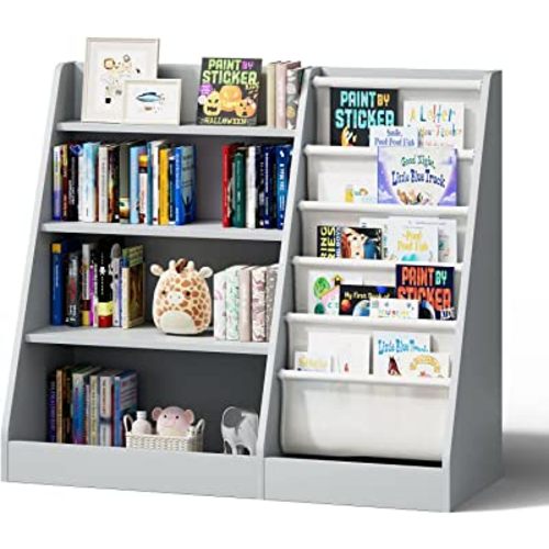 Gray 4 Tier Kids Wooden Bookshelf, Five Layer Sling Bookcase, Baby Storage Book Rack, Book and Toy Organizer Cabinet, Book Display, for Playroom, Bedroom, Toddler Room, Nursery,Classroom (Gray)