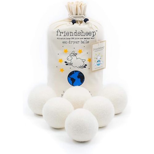 Wool Dryer Balls by Friendsheep 6 Pack XL Organic Premium Reusable Cruelty Free Handmade Fair Trade No Lint Fabric Softener White - "Creamy White"