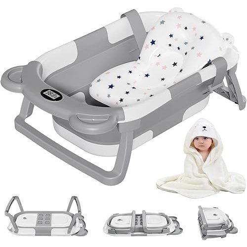 MoreFeel Collapsible Baby Bathtub for Newborn with Thermometer & 1 Hooded Towel & 1 Soft Floating Cushion,Portable Travel Bathtub with Drain Hole, Durable Foldable Baby Tubs for Infants to Toddler