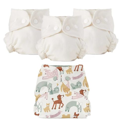 Esembly Cloth Diaper Bundle Set - 3 Organic Cotton Absorbent Inners and 1 Waterproof Outer Diaper Cover - Reusable, Washable, Snap Closure Cloth Diapers - Size 2 (18-35lbs), Off-Leash