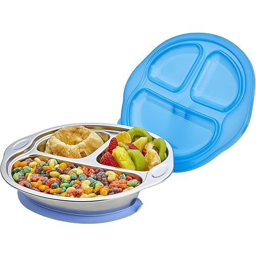Stainless Steel Baby Plate with Suction & Lid - Non-Toxic, 3 Divided Kids Plates for Easy Portions - Durable Dinnerware for Babies and Toddlers & Mess-Free Mealtime (Blue)