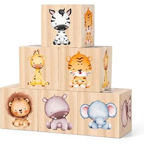 6 Pcs Safari Nursery Decor Wooden Jungle Animals Decoration Woodland Themed Nursery Shelf Decor for Boys Girls Bedroom Playroom Gifts Table Decoration