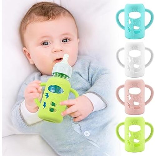 4 Pack Silicone Sleeves for Dr. Brown's Glass Baby Bottles, Anti Breakage Durable Baby Bottle Holder with Easy Grip Handles, Narrow Sleeve with a Cutout, Dishwasher/Freezer/Microwave Safe, 4 oz