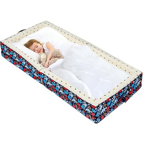 100% Cotton Inner Portable Foldable Toddler Travel Bed - Soft Foam Floor Bed with Washable Cover, Safe and Comfortable Toddler Crib, Ocean Blue