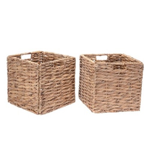 Set of 2 Handmade Wicker Baskets - 12-Inch Square Foldable Storage Bins with Handles - Made of Hand-Twisted Water Hyacinth by Villacera