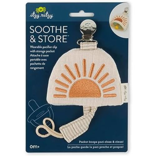 Itzy Ritzy Soothe & Store Pacifier Clip and Storage Pouch; Wearable Pacifier Strap Includes Storage Pocket with Closure; (Pacifier Not Included) Terracotta Sun