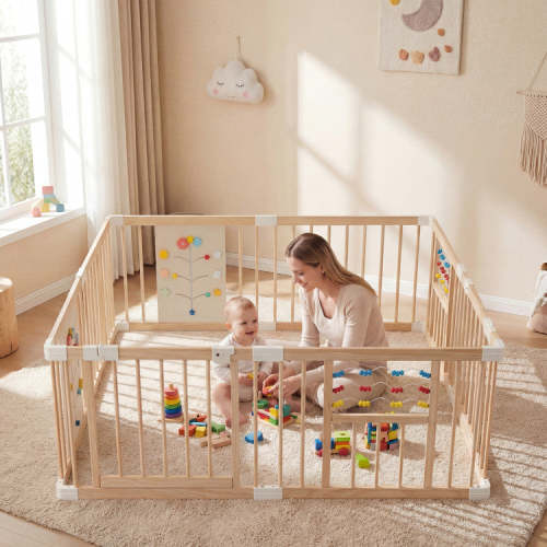 COSTWAY Wooden Baby Playpen Adjustable Large Play Yard for Infants-Natural
