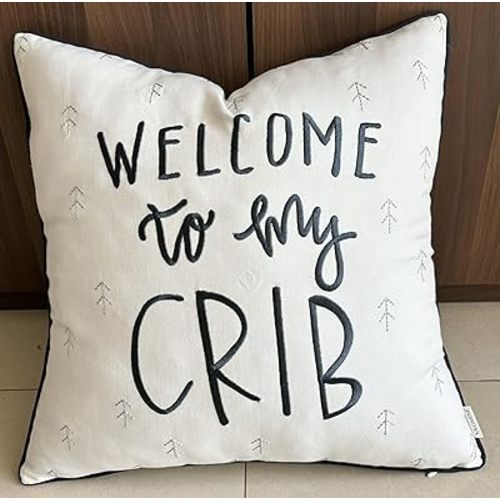 VAGMINE Welcome to My Crib Quote Embroidered Decorative Square Accent Throw Pillowcase - Nursery Decor, Boys Room Decor - 18x18 Inches, Ivory