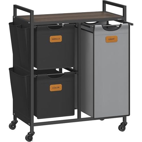 VASAGLE Laundry Hamper with 3 Compartments, 26.4 Gal. (100 L) Laundry Sorter, Rolling Laundry Cart with Shelves, Small Side Pockets, 6 Labels, Chestnut Brown, Ink Black and Dove Gray UBLH202B01