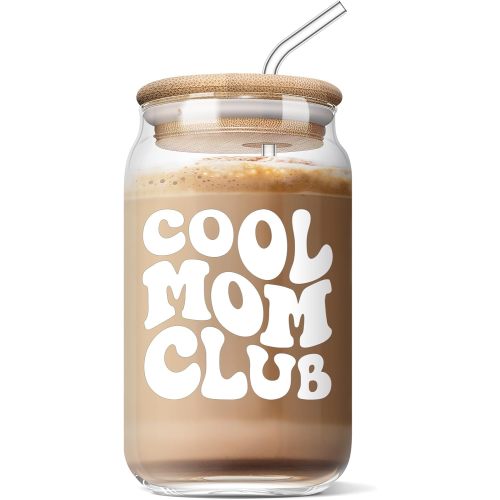 Mother’s Day Gifts for Mom - Funny Mom Gifts from Daughter or Son, Mom Birthday Gifts Ideas, Christmas Day Gifts for Mother in Law Step Bonus New Mom, Cool Mom Club 16 Oz Coffee Glass