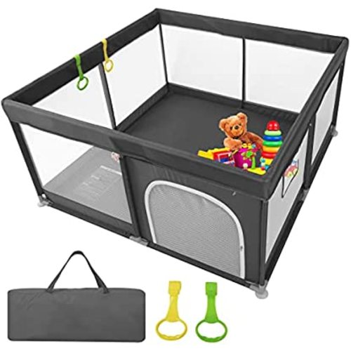 Dark Grey Baby Playpen,50"x50"x26.5" Large Baby Playards with Zipper Gates,Large Baby Playard for Toddler, BPA-Free, Non-Toxic, Safe No Gaps Play Yard for Babies, Indoor and Outdoor Activity Center