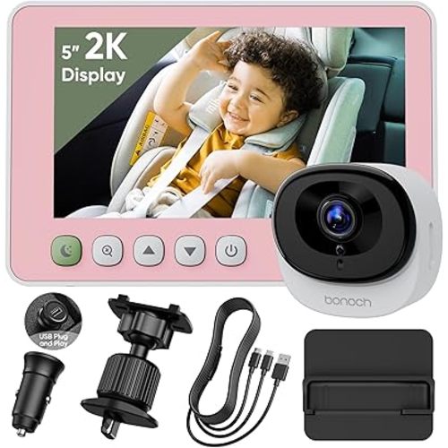 bonoch 5'' 2K Baby Car Camera Backseat - 360 Degree Rotating Wide View USB Powered Baby Car Monitor with Car Charger, Easy Setup Car Seat Camera for Baby Rear Facing with Night Vision, Pink