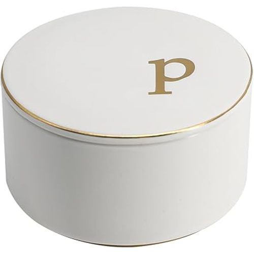COLLECTIVE HOME - Ceramic Jewelry Box, Elegant Embossed Jewelry Holder, Trinket Organizer with Gold Monogram Lid, Storage for Ring Necklace Bracelet Earrings, Rings and Accessories (p)