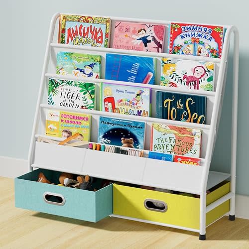 Bextsrack Kids Bookshelf - 4-Tier Sling Bookcase for Kids Room, Metal Nursery Book Shelf, Small Book Shelf and Toy Storage for Children, Idea Gift for Boys and Girls